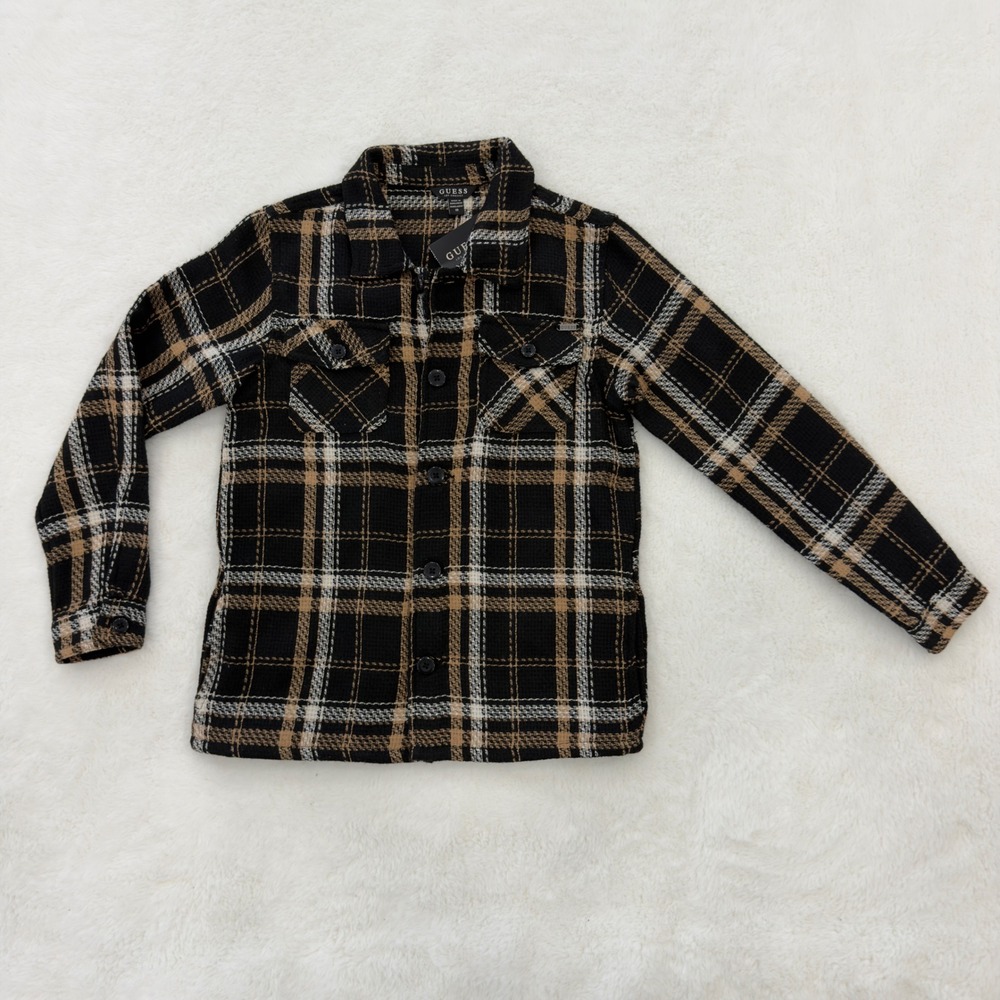 Guess Kids Plaid Tweed Shacket Button Down Shirt Jacket Black Tan Size 10 NEW